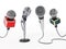 Aligned news microphones isolated on white background. 3D illustration