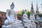 Aligned Sitting Buddha Statues with ancient ruin of temple at wa