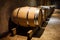 Aligned wine barrels in a cellar