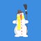 Alive Classic Three Snowball Snowman In Hat And Yellow Scarf Holding A Broom Cartoon Character Situation