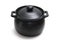 An all black clay porcelain cooking pot with knob handle lid and two side handles