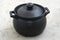 An all black clay porcelain cooking pot with knob handle lid and two side handles