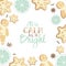 All is calm all is Bright. Holiday greeting card with gingerbreads, spices, citrus slicesand calligraphy elements. Modern