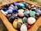 All Colour Colors Gemstone Polished Hand Palmstones Rocks in wooden Box Near Water Spiritual