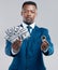 All of this could be yours. Studio shot of a young businessman holding US dollars and a bitcoin against a grey