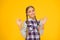 All is ok. happy childrens day. small girl checkered jacket. autumn time. hipster girl yellow background. happy school