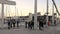 All-round panorama from the footbridge in the Barcelona Port in the evening. Video 27 seconds