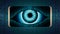 The all-seeing eye of Big brother in your smartphone, concept of permanent global covert surveillance using mobile devices