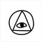 All-seeing eye. Eye inside the triangle, doodle style. Freehand drawing, grunge icon. Black and white vector illustration