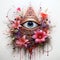 All seeing eye, illuminati symbol in triangle with light ray,pink flowers, tattoo design