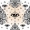 All seeing eye seamless pattern. Hand drawn vintage style background. Alchemy, spirituality, occultism, textiles art. Isolated