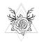 All seeing eye symbol over rose flower and deer antlers. Sacred