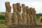 All of seven Moai statues at Ahu Akivi have almost the equal height of 4.5 meters and facing Pacific ocean, Easter island, Chile