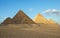 All three main pyramids of Giza. Pyramid of Menkaure, of Khafre or Chephren, of Khufu or Cheops