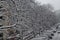 All white under snow, winter scenery at trees covered with heavy snow and street