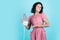 All you need is iron. Retro woman ironing clothes. Housekeeper in retro dress with iron. Order services. good wife