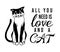All you need is love and a cat. Meow power. Domestic kitty. lettering quote or phrase. Hand drawn engraved sketch for