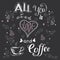 All you need is love and coffee, funny hand drawn lettering on d