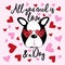 All you need is love and a dog, funny saying text, and Boston Terrier head in sunglasses wit hearts.