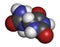 Allantoin molecule. Often used in cosmetics. Atoms are represented as spheres with conventional color coding: hydrogen (white),