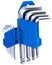 Allen key kit from chrome steel wrenches in blue plastic holder, isolated on white background