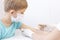 Allergen test on hand. child undergoing procedure of allergen skin test