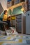 Allergy Child, pet dog and air purifier in children's room