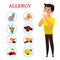 Allergy concept. Boy sneezes or blows nose in handkerchief, allergic reaction of immune system. Types of allergens: some