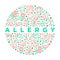 Allergy concept in circle with thin line icons: runny nose, dust, streaming eyes, lactose intolerance, citrus, seafood, gluten