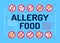 Allergy food word lettering typography. Allergenic ingredients. Food intolerance. Infographics with linear icons on background.