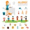 Allergy infographic elements vector flat design illustration. Woman sneezes and allergens icons. People with allergies.