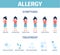 Allergy symptoms, sneeze and cough. Allergies disease on pollen, symptom and treatment. Cartoon girl with rash and