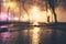 Alley of the evening misty park with burning lanterns, trees and benches.