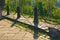 The alley is fenced by a chain fence from the precipice. A chain fence casts a shadow to the cobblestone pathway.