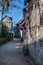 Alley with half timbeed medieval houses at the old town of Bernay, Eure, Normandy, France