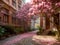 Alley of lushly blooming pink magnolias