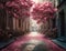 Alley of lushly blooming pink magnolias