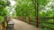 Alley in park in summer day with wooden bench, bridge and barrier.