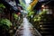 alley in quaint Japanese mountain village after rain