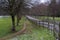 Alley and wooden fence in Cranford Park on an overcast day