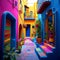 An alleyways in colorful colors, folklore-inspired, bold color palate, pink and indigo, use of bright colors, AI