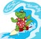 Alligator Or Crocodile Cartoon Mascot Character Surfing And Riding A Wave