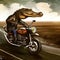 Alligator riding motorcycle on the road