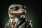 Alligator with sunglasses wearing leather jacket and tie on solid background. Generative AI