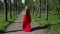 alluring blonde lady in red dress is running over path in garden, camera is following her
