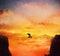 Alluring painting with an adventurer person slacklining on a bicycle over the chasm. Boy dreamer with angel wings on his back take