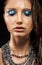 Alluring Wet Woman Face - Beads Necklace, Bright Blue Makeup