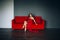 Alluring woman sitting on red sofa