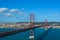 Almada Lisbon Portugal. Tejo river. 25th April. Red bridge. Sky clouds wonderful light travel background. Blue white  Europe