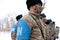 Almaty / Kazakhstan - 11.20.2020 : A peacekeeping platoon of soldiers lined up before the start of the exercise in snowy weather